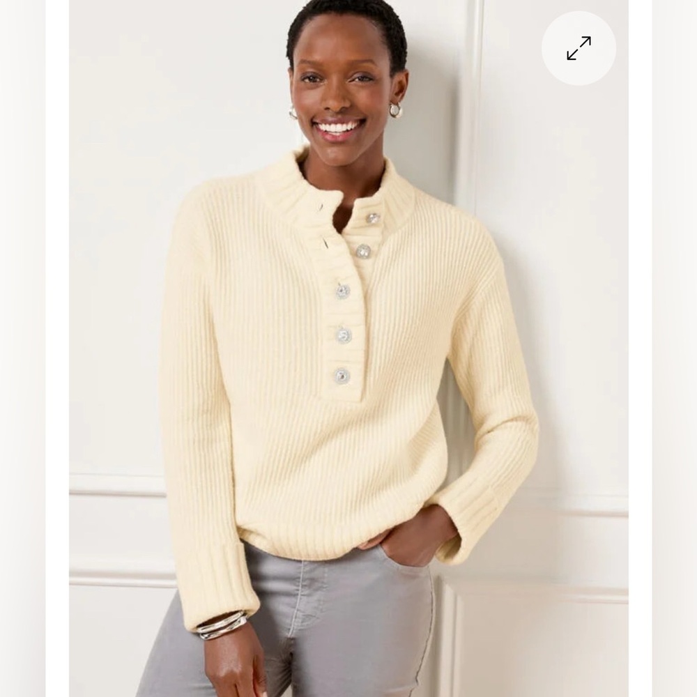 Talbots Ivory Ribbed Sweater with Sparkle Buttons